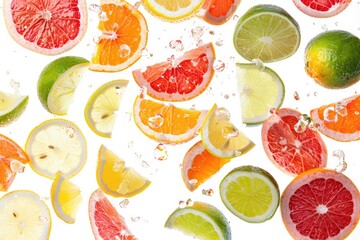 Poster - A group of fresh citrus fruits, including oranges, lemons, and limes, surrounded by water