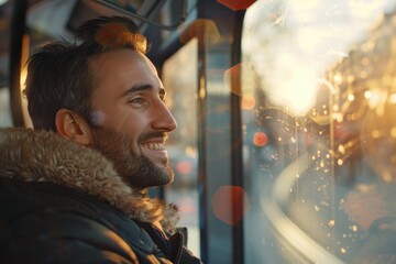 Poster - A person sits on a bus and gazes out the window at the passing scenery