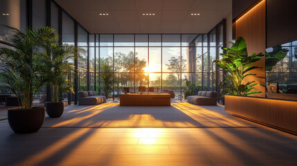 Canvas Print - Modern lobby with large windows and warm sunlight.