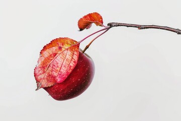 Wall Mural - A single red apple with a leaf attached to the stem, growing on a branch