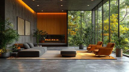 Poster - Modern living room with a fireplace and large windows