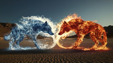 Battle of the Wolves: Two wolves made of fire and water, facing off in a desert landscape