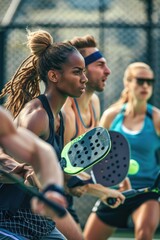 Poster - People holding tennis rackets standing on a tennis court, ready to play