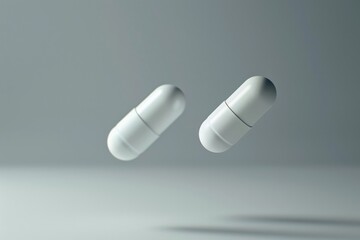 Poster - A pair of pills in flight, suspended in mid-air