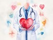 © Khritthithat - Watercolor imagery of a doctor holding a heart, surrounded by light and bright medical icons, emphasizing heart disease prevention through medical care
