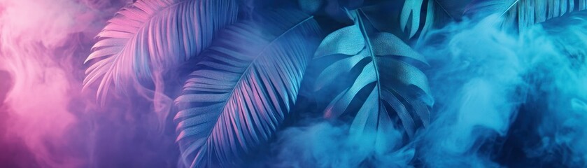 Wall Mural - Tropical Palm Leaves Illuminated by Neon Lights and Smoke