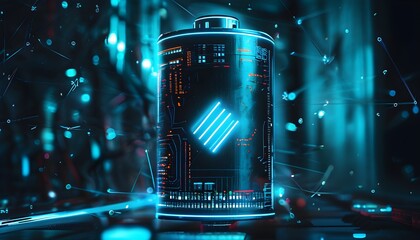 Illuminated futuristic battery adorned with glowing power symbol amidst a digital network in a dark sci-fi environment with neon blue highlights