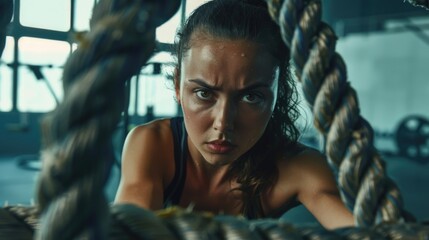 Poster - A woman exercising on gym ropes with determination and sweat