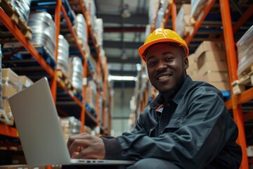 Poster - A worker sits at a laptop on a construction site, focused on his task