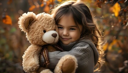 Heartwarming embrace of a little girl and her teddy bear amidst vibrant autumn leaves and gentle soft lighting