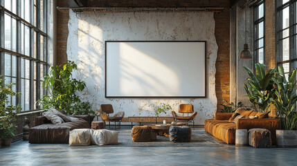 Wall Mural - Industrial loft living room with large blank canvas.