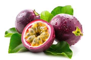 Poster - Close-up shot of two pieces of fruit with leaves, ideal for food or nature-related uses
