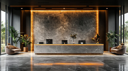 Wall Mural - Modern hotel lobby with a sleek reception desk.