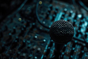 Poster - A microphone sitting on top of a keyboard, ready for use