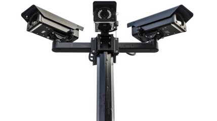Poster - Three cameras installed on a pole against a white background, suitable for tech and photography concepts