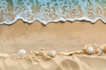 Poster - A scenic image of a sandy beach with shells and a gentle wave