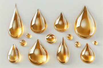 Sticker - Close-up of shiny golden liquid droplets on a clean white surface, suitable for use in scientific or medical contexts