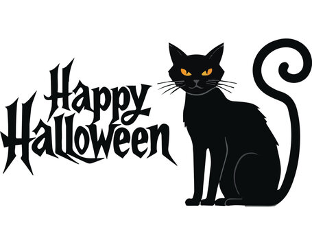 A minimalist Halloween-themed scene featuring a sleek black cat with piercing yellow eyes, sitting calmly beside bold, jagged text that says 'Happy Halloween' in a spooky, gothic font. The background 