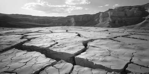 Poster - A close-up view of a cracked desert surface with dry, cracked earth and rocky terrain