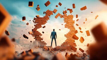 Courage Through Failure: A series of broken walls that are being rebuilt brick by brick, with a figure standing tall in the center, surrounded by falling and rising pieces