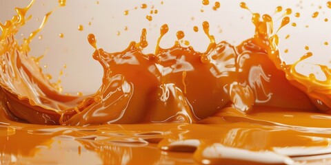 A close-up shot of a vibrant orange liquid splashing onto a table