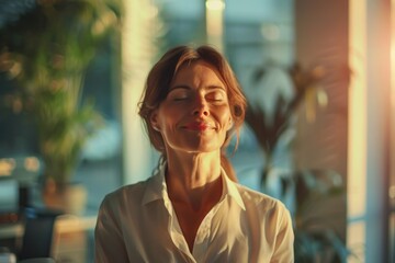 Wall Mural - A woman smiling warmly while wearing a white shirt