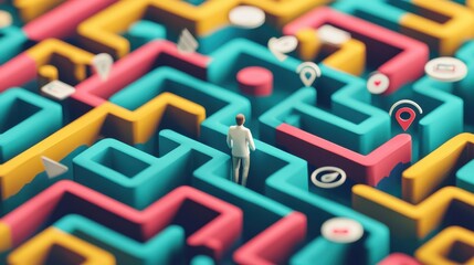 Wall Mural - customer journey maze: a figure navigates through a complex, colorful maze with various symbols (lik