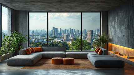 Canvas Print - Modern living room with a stunning city view.