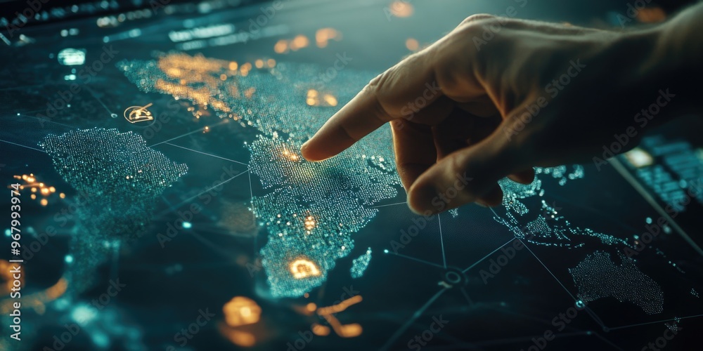 The image depicts a human hand interacting with a digital interface ...
