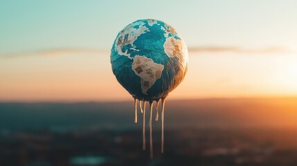 Poster - Deflating Globe: A globe-shaped balloon slowly deflating, with sagging continents and drooping economic symbols