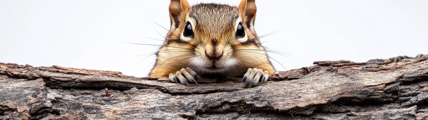 Wall Mural - Curious Chipmunk in a Log, a charming chipmunk exploring its surroundings, perched on a log with a playful expression, set against a clean white backdrop.