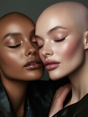 Sticker - Two models embracing after makeover; one with natural look and other with enhanced cosmetics