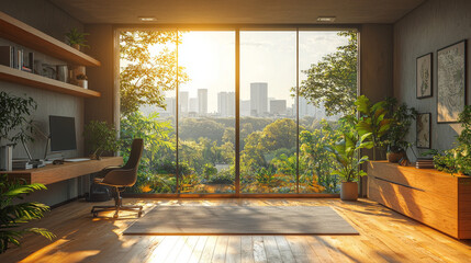 Poster - Modern home office with a view of the city skyline.