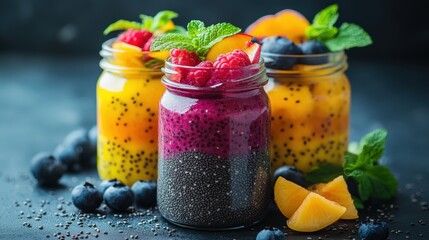 colorful morning with creative, healthy breakfast try chia seed pudding with fresh fruit toppings in cute glass jars for a delightful meal