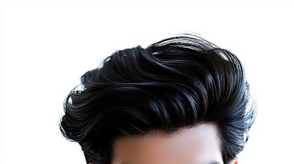 A man's black hairstyle set against a white background