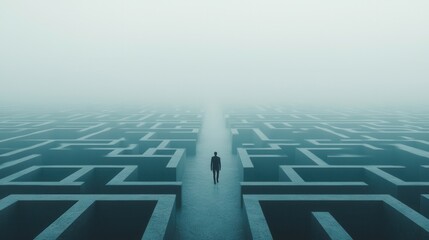 Wall Mural - endless maze: a person wandering through a massive, abstract maze that seems to shift and change, sy