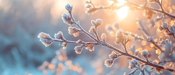Poster - Delicate Frost Covered Tree Branches Glowing in the Warm Sunlight of an Early Winter Morning Showcasing the Captivating Beauty and Tranquility of the Chilly Season