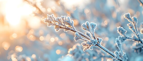 Poster - Frosty Tree Branches Glistening in the Warm Glow of the Early Morning Light Showcasing the Enchanting Beauty of a Wintry Landscape  Photography Concept with Ample Copy Space for Text