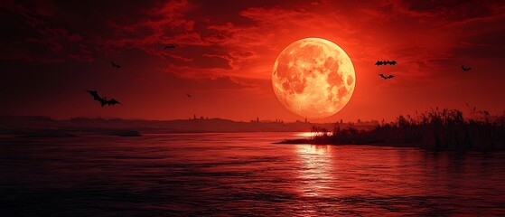 Dramatic and ominous scene of the Nile River turning blood red under an intense Halloween moon with ghostly Egyptian spirits rising from the waters in a supernatural gothic and mystical atmosphere