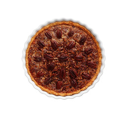 Wall Mural - Delicious pecan pie in baking dish isolated on white, top view