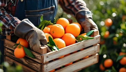 Farmer in gloves presenting a wooden crate brimming with fresh oranges illuminated by natural light