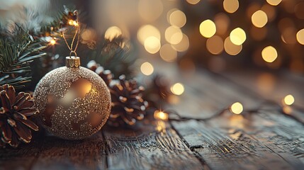 Closeup macro shot in shallow depth of field of a christmas decoration with lights on wooden 