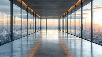 Canvas Print - A long hallway with floor to ceiling windows overlooking a city skyline.