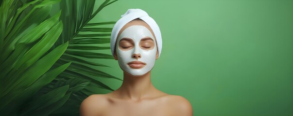 Wall Mural - Woman with white clay facial mask on green background. Skincare and spa treatment concept. Beauty and wellness. Natural cosmetic products and eco-friendly lifestyle. Banner with copy space