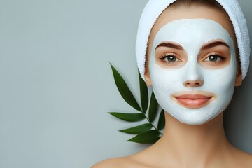 Wall Mural - Woman with white clay facial mask on gray background. Skincare and spa treatment concept. Beauty and wellness. Natural cosmetic products and eco-friendly lifestyle. Banner with copy space