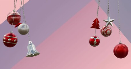 Sticker - Animation of christmas baubles decorations over pattern on purple background