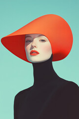 Fashion magazine concept. Portrait of beautiful female model wearing designer clothing, hat and looking at camera on blue background. Haute couture style. Retro, avant-garde. Studio shot