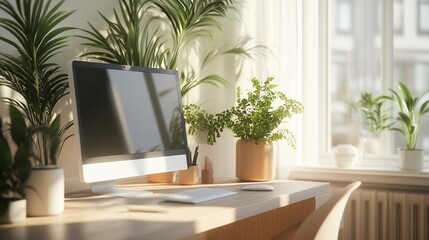 Poster - a bright, serene home office with a computer and lush indoor plants in morning sunlight