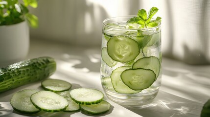 Wall Mural - Cucumber slices and a glass of infused water with cucumber and mint, set on a bright, sunny table.