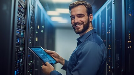 Poster - IT technician monitoring server performance in a data center during evening hours while smiling and using a tablet
